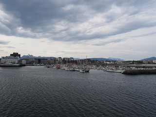 Port and marina with yachts in european Bodo city at Salten region in Norway