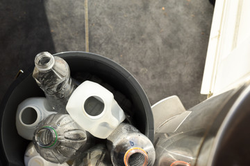 Plastic recycling, plastic bottles and containers from household waste to recycle and re use