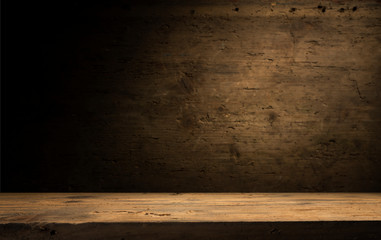 wood brown grain texture, dark wall background, top view of wooden table