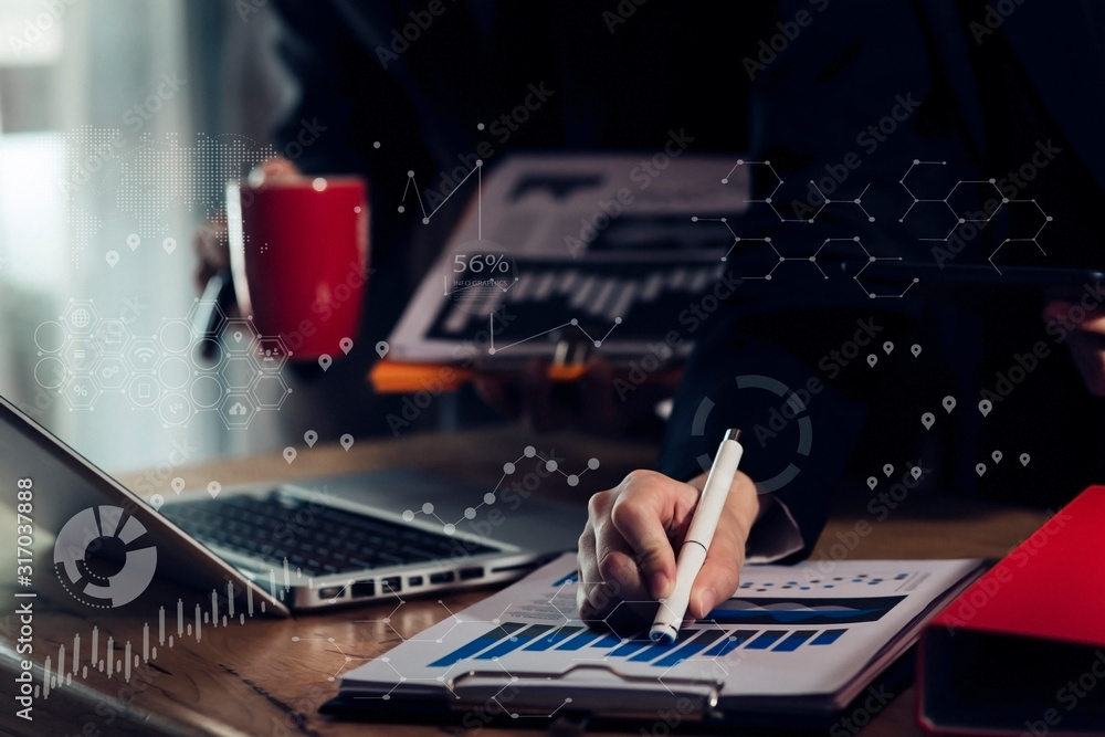 Poster hands of business people working with documents on office table. double exposure concept. network in