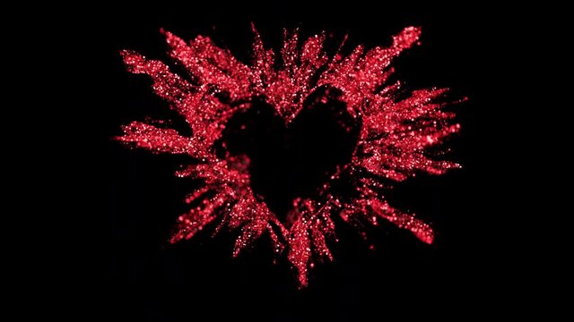 Ruby red shining glitter burst explosion forming a heart shaped hole. St. Valentines Day love animation. Vivid bokeh sparkles, glowing particles. Romantic lovely logo copy space. Alpha copyspace 4k