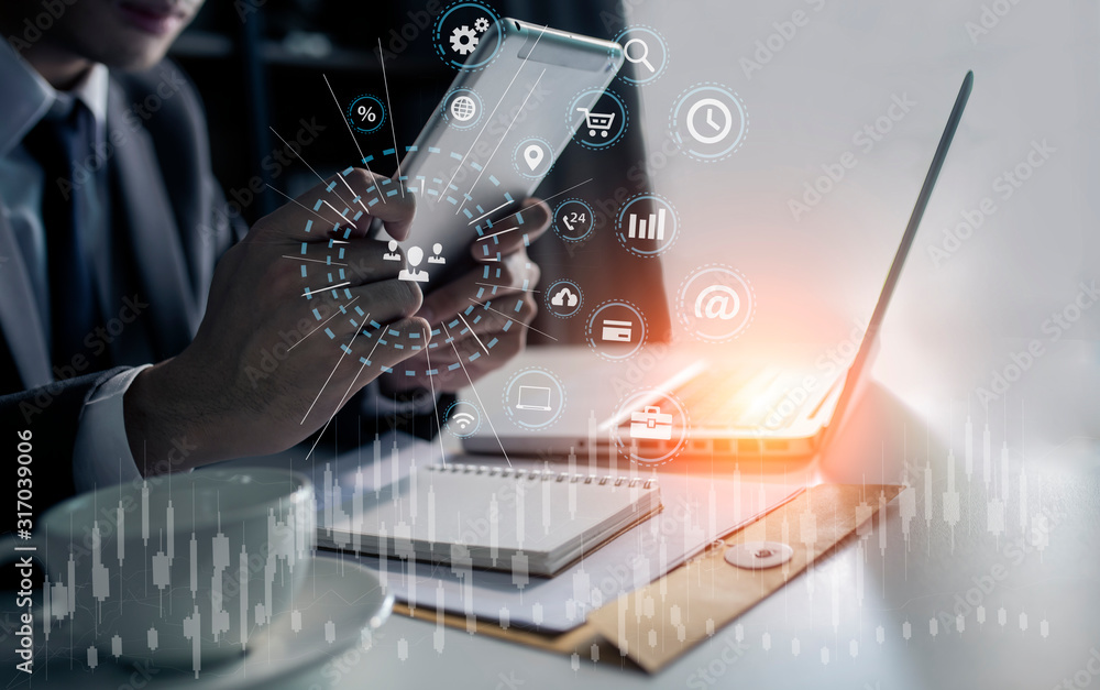 Aufkleber double exposure of business hands using smartphone with network stock chart.