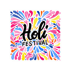 Indian color festival Holi background with stylish text on colors splash background. bright drop pattern with lettering Holi festival. Indian template design. Flat hand drawn vector illustration.