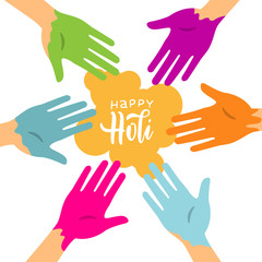 Happy Holi colorful background with circle of hands stained with paint. Party banner for color festival. Vector illustration on white background with color spot and lettering