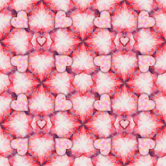 Handmade watercolor, seamless pattern of hearts, similar to precious red faceted stones, kaleidoscope