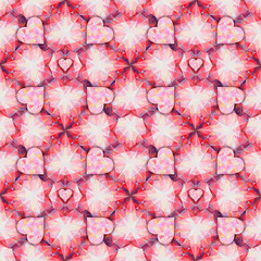 Handmade watercolor, seamless pattern of hearts, similar to precious red faceted stones,...