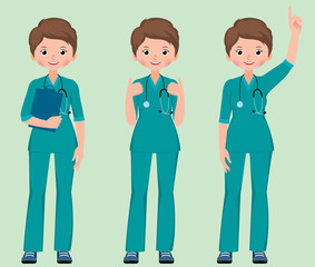 Vector set cartoon illustration of a young woman surgeon doctor or nurse in full length dressed in medical green uniform in various poses