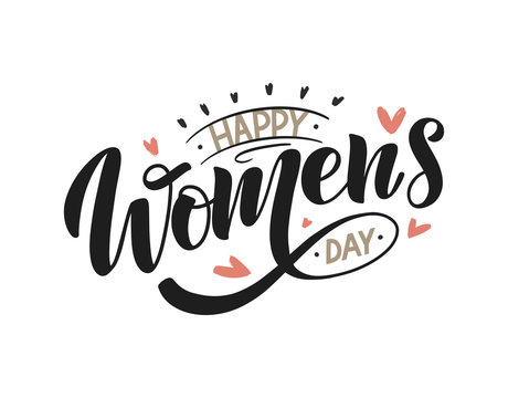 Happy Women's Day text composition as card, invitation, logo, print, emblem. Feminine lettering quote. Feminism celebration vector concept.