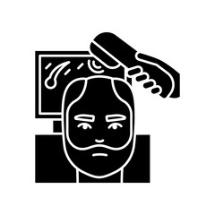 Trichoscopy black glyph icon. Hairloss treatment. Scalp and hair disease diagnosis. Hairloss professional aid. Dermatology evaluation. Silhouette symbol on white space. Vector isolated illustration