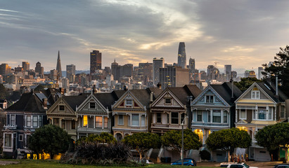 Painted Ladies, cityscape of San Francisco, California, Alamo Square at dawn, the city's most striking landmark.