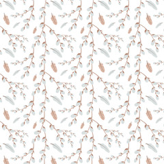 Digital flat illustration of a cute gentle easter pattern with sprigs of willow. Print for banners, fabrics, cards, posters, invitations, wrapping paper, web design.