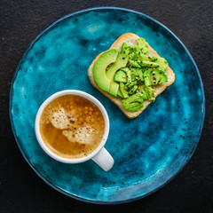 avocado sandwich, healthy food (bread toast snack) menu concept. food background. top view. copy space