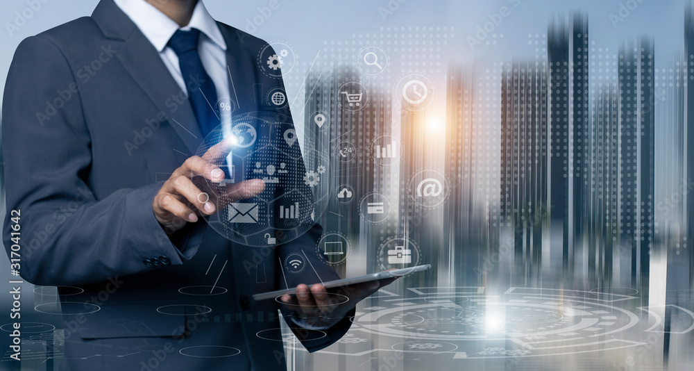 Poster double exposure engineering using digital technology interfaces icon with construction cranes no cit