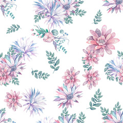This Modern Pink and Purple Floral Pattern Features a Repeating Flower Background Design with Pastel Colors. Watercolor lotus and cactus flowerts colorful illustration for wedding, clebration, invite