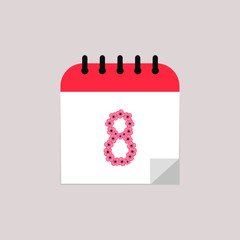 This is vector calendar with the date 8th. Outline calendar isolated on pink background with flowers. Could be used for flyers, postcards, holidays decorations. For Women’s Day.