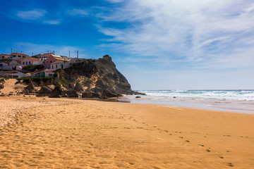View of the Monte Clerigo beach on the western coastline of Portugal, Algarve. Stairs to beach Praia Monte Clerigo near Aljezur, Costa Vicentina, Portugal, Europe.