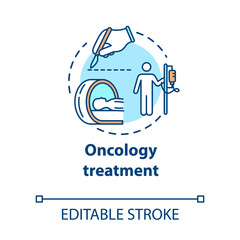 Naklejka premium Oncology treatment concept icon. Chemotherapy, surgical and radiological treatment of cancer. Tumor cure idea thin line illustration. Vector isolated outline RGB color drawing. Editable stroke