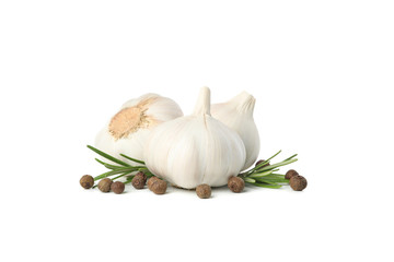 Garlic bulbs, pepper and rosemary isolated on white background
