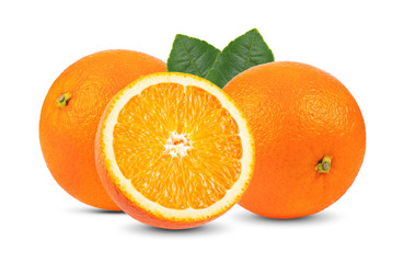 orange fruit with leaf isolated on white background