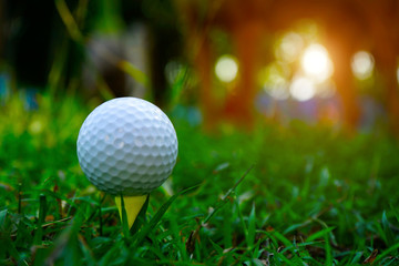 Golf ball on tee in beautiful golf course