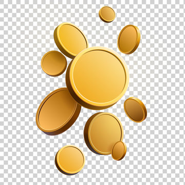 Set of gold coins. Isolated 3d objects in different angles. metallic gradient. Symbol of gold and wealth. Free space for your text. Vector illustration.