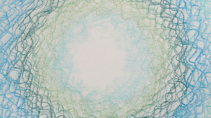 Pastel crayon drawing of blue and green wavy circles on texture paper