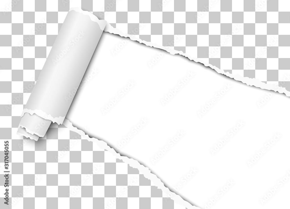 Wall mural vector diagonally torn hole in transparent sheet of paper from lower right corner with curl, soft sh