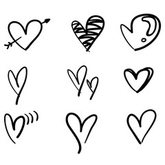 doodle collection set of hand drawn scribble hearts isolated on white background