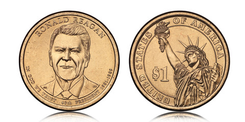 American one dollar coin with Ronald Reagan