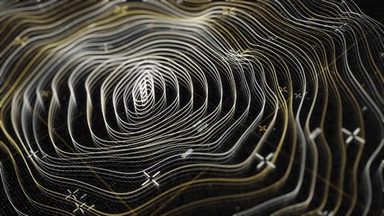 Abstract animation of digital surface map. Animation. Neon gemetric map of oscillating surface with oval markings and numbers. Neon digital seismic map of earth's surface