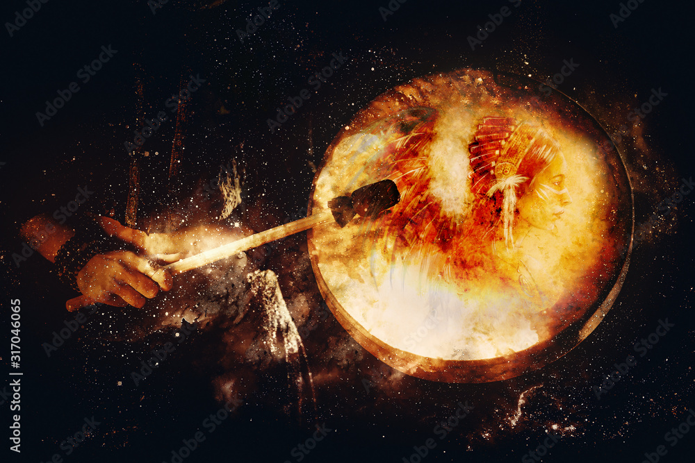 Poster shamanic girl with frame drum on abstract structured space background.