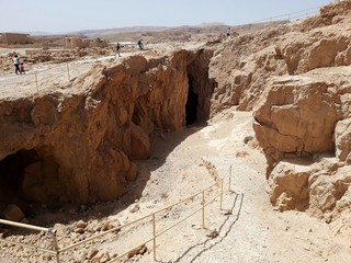 Ruins of the ancient Masada, a mountaintop fortress, near the Dead Sea in Israel. It was built by...