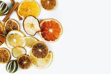 Dried fruits, lemons, oranges, lime, apples on isolated background. Food, vitamin, healthy organic food concept