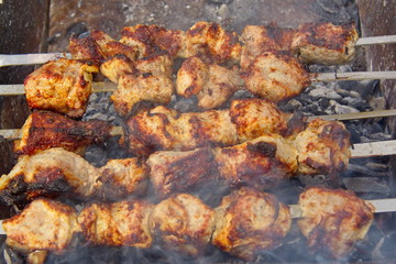 Cooking juicy meat on coals on a grill and skewer