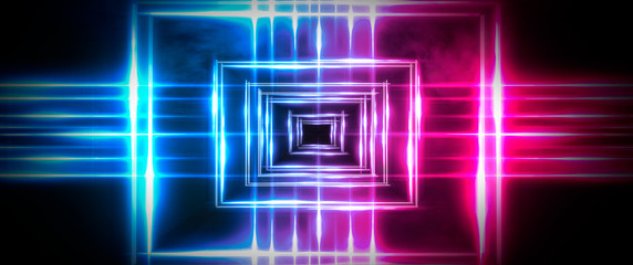 Light tunnel, dark long corridor room with neon lamps. Abstract blue and red neon, background with smoke and neon light. Concrete floor, symmetrical reflection and mirroring. 3D illustration.