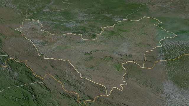 Bouenza, region with its capital, zoomed and extruded on the satellite map of Congo Brazzaville in the conformal Stereographic projection. Animation 3D