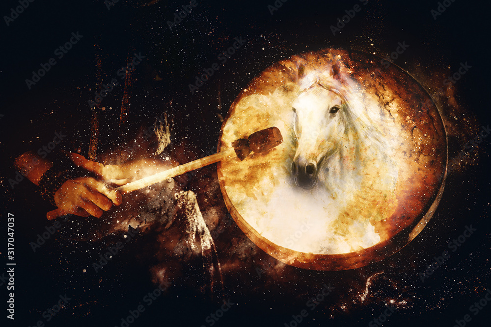 Poster shamanic girl with frame drum on abstract structured space background.