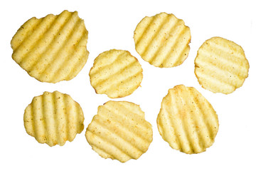 top view of potato chips isolated on white background