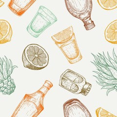Seamless pattern of tequila glass and bottle, salt, cactus and lime. Vintage vector engraving illustration