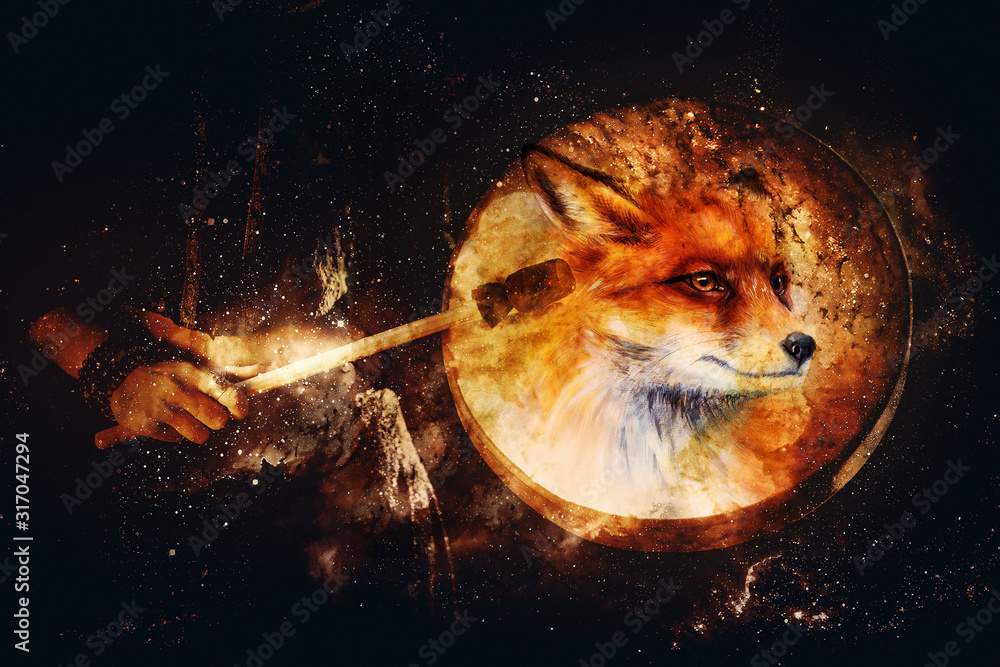Poster shamanic girl with frame drum on abstract structured space background.