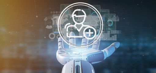 Cyborg hand holding new contact icon