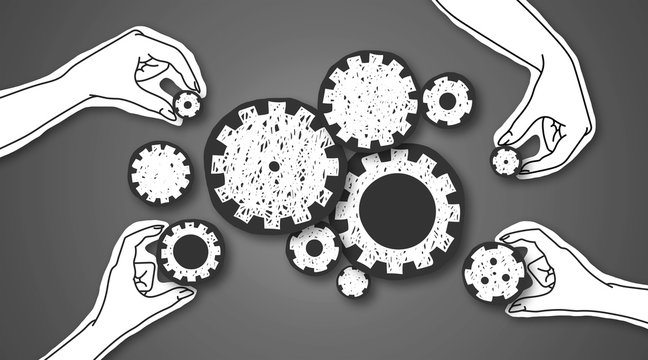Paper hands connecting gears to each other over grey background