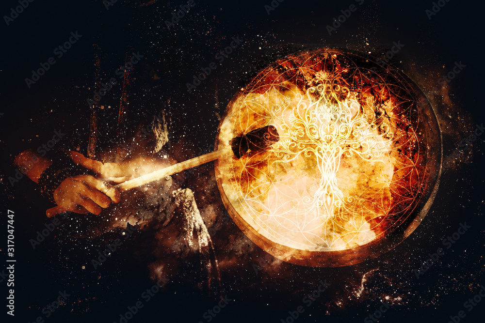 Poster shamanic girl with frame drum on abstract structured space background.