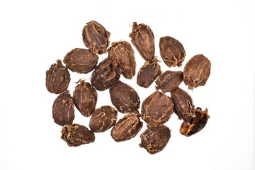 top view of black cardamom isolated on white background, clipping path 