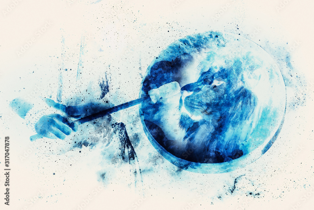 Poster shamanic girl with frame drum on abstract structured space background.