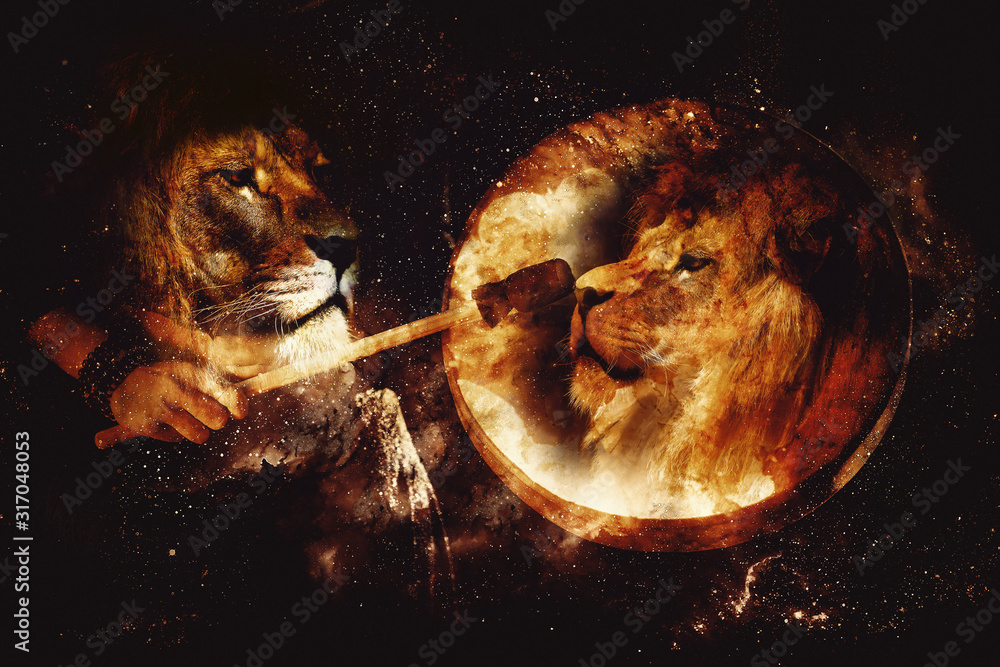 Poster shamanic girl with frame drum on abstract structured space background.