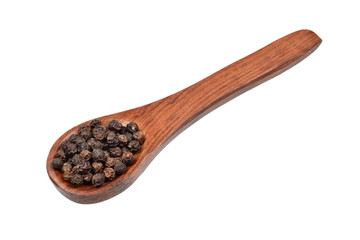 black pepper in wooden spoon isolated on white background