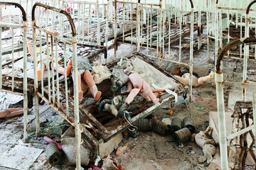 Toys on the shelf. Kindergarten Pripyat, Ukraine