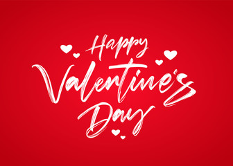 Handwritten textured brush lettering of Happy Valentines Day with hearts on red background.