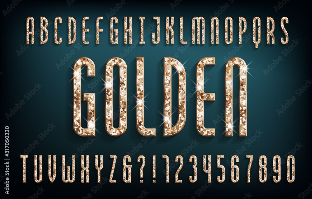 Fototapete golden alphabet font. golden glitter luxury letters and numbers with shadow. stock vector typeface f